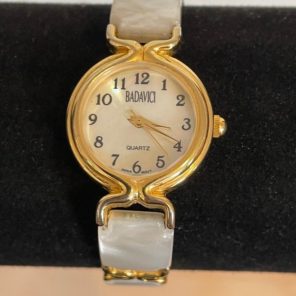 Badavici Gold Tone & Pearlized Rectangle Link Watch w/ Round Face